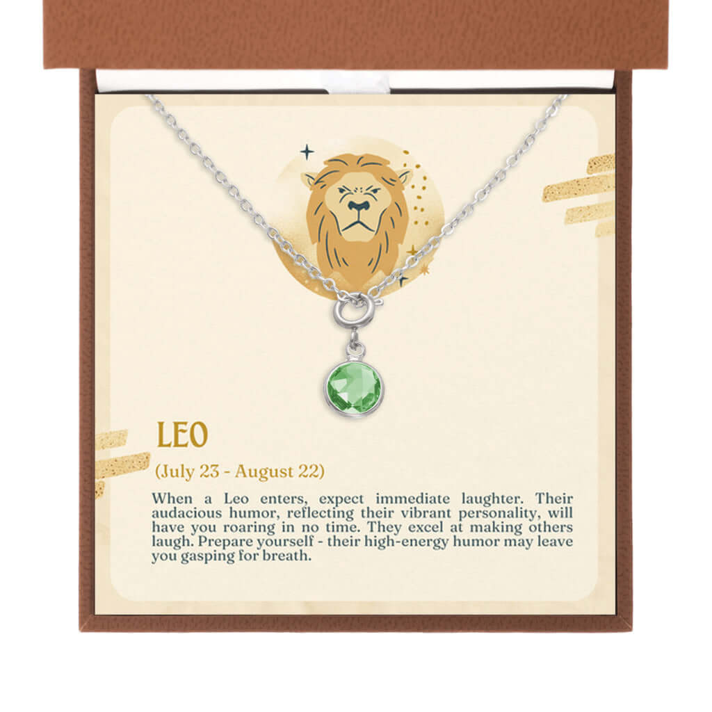 Leo Zodiac - Birthstone NecklaceA minimalist birthstone necklace, perfect for celebrating birthdays. Adds a finishing touch to outfits. Ideal gift for loved ones.Moving Phrases