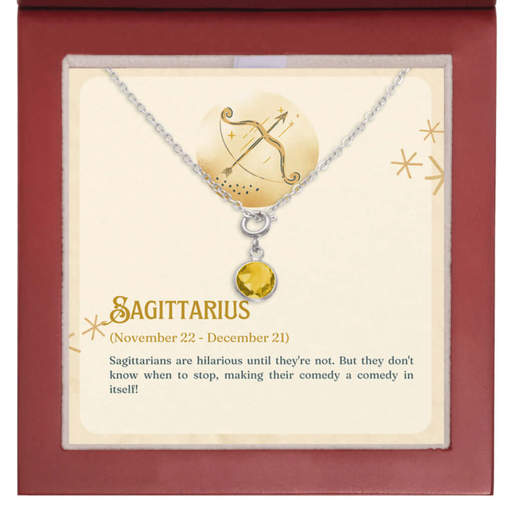 Sagittarius Zodiac - Birthstone NecklaceA minimalist birthstone necklace, perfect for celebrating birthdays. Adds a finishing touch to outfits. Ideal gift for loved ones.Moving Phrases