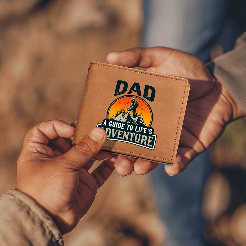 Dad - A guide to Life's Adventure - Graphic Leather WalletGift a quality Graphic Leather Wallet! Made from full grain cowhide, it ages beautifully. Comes in a stylish gift box. Comes with a loving message card.Moving Phrases