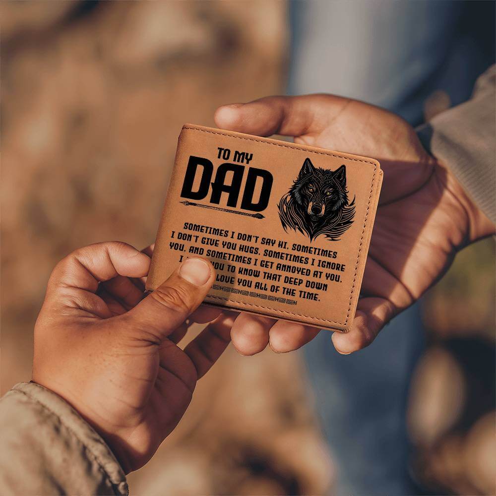 To My Dad, Sometimes I don't say - Graphic Leather WalletGive your dad our Graphic Leather Journal with a loving message. A perfect gift for him this Father's Day.Moving Phrases