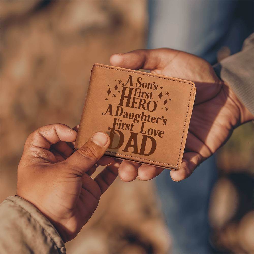 A Son's First Hero - Graphic Leather WalletSearching for a special gift for Dad? Check out our Graphic Leather Wallet, made from quality full grain cowhide. durable and smooth, in a rich, vintage lookMoving Phrases