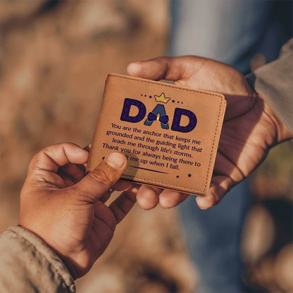 Dad, you are the anchor - Graphic Leather WalletGift a quality Graphic Leather Wallet! Made from full grain cowhide, it ages beautifully. Comes in a stylish gift box.Moving Phrases