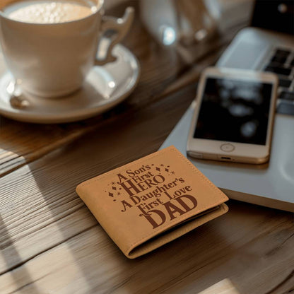 A Son's First Hero - Graphic Leather WalletSearching for a special gift for Dad? Check out our Graphic Leather Wallet, made from quality full grain cowhide. durable and smooth, in a rich, vintage lookMoving Phrases