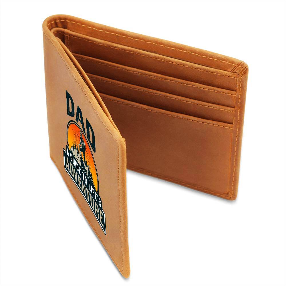 Dad - A guide to Life's Adventure - Graphic Leather WalletGift a quality Graphic Leather Wallet! Made from full grain cowhide, it ages beautifully. Comes in a stylish gift box. Comes with a loving message card.Moving Phrases