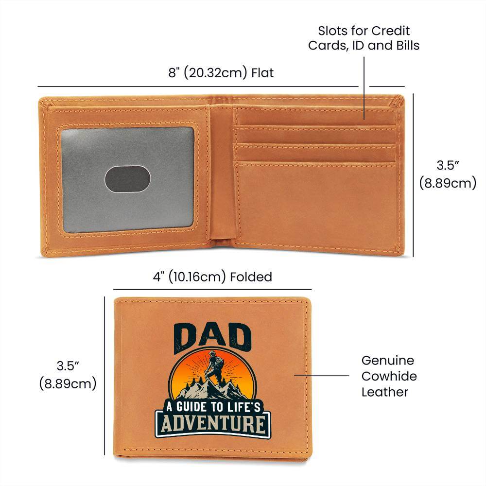 Dad - A guide to Life's Adventure - Graphic Leather WalletGift a quality Graphic Leather Wallet! Made from full grain cowhide, it ages beautifully. Comes in a stylish gift box. Comes with a loving message card.Moving Phrases