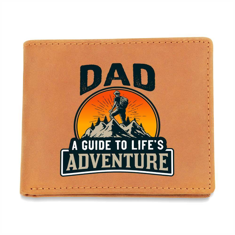 Dad - A guide to Life's Adventure - Graphic Leather WalletGift a quality Graphic Leather Wallet! Made from full grain cowhide, it ages beautifully. Comes in a stylish gift box. Comes with a loving message card.Moving Phrases