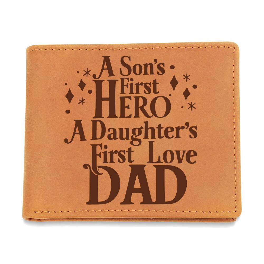 A Son's First Hero - Graphic Leather WalletSearching for a special gift for Dad? Check out our Graphic Leather Wallet, made from quality full grain cowhide. durable and smooth, in a rich, vintage lookMoving Phrases