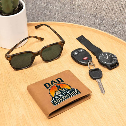 Dad - A guide to Life's Adventure - Graphic Leather WalletGift a quality Graphic Leather Wallet! Made from full grain cowhide, it ages beautifully. Comes in a stylish gift box. Comes with a loving message card.Moving Phrases