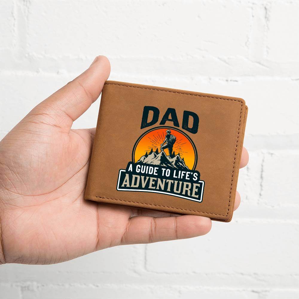 Dad - A guide to Life's Adventure - Graphic Leather WalletGift a quality Graphic Leather Wallet! Made from full grain cowhide, it ages beautifully. Comes in a stylish gift box. Comes with a loving message card.Moving Phrases