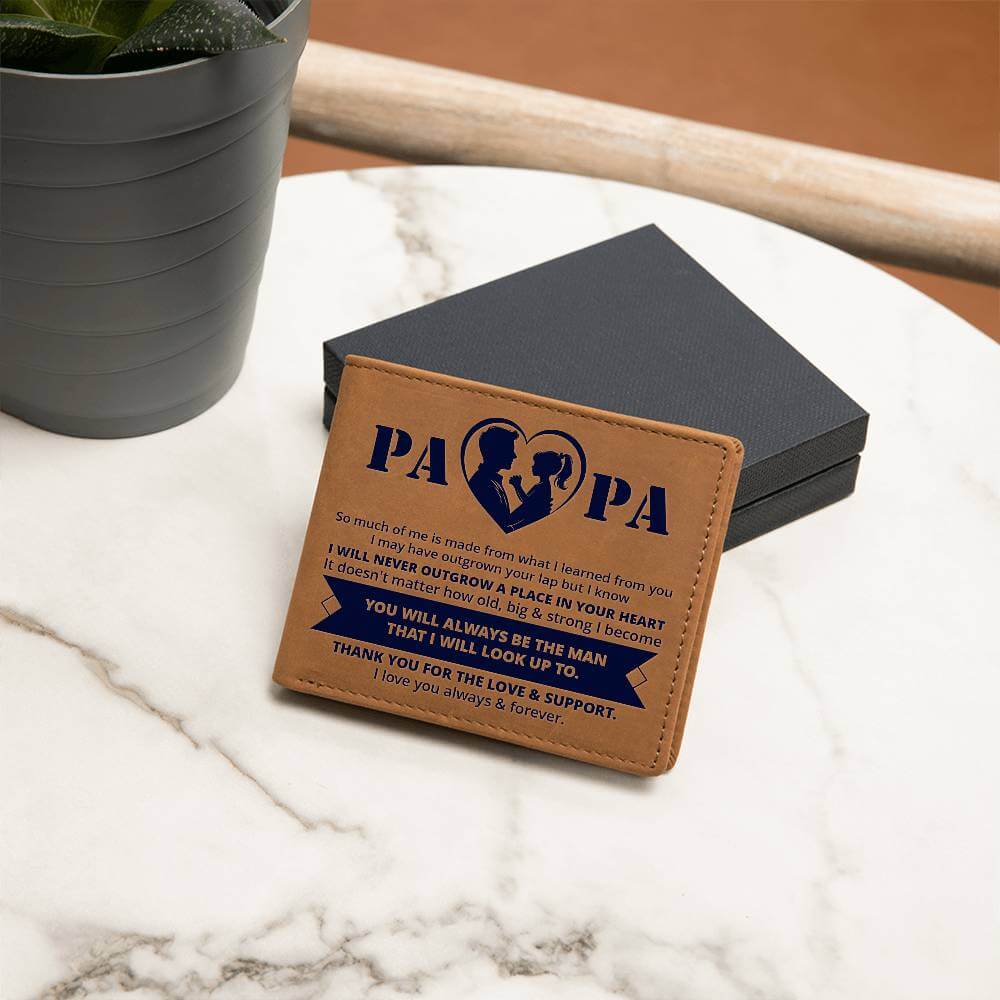 Papa, so much of me is made from - Graphic Leather WalletGift a quality, thoughtful gift for Dad with our Graphic Leather Wallet with the words You're always my hero, Dad. Thanks for the love and support.Moving Phrases