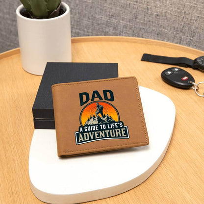 Dad - A guide to Life's Adventure - Graphic Leather WalletGift a quality Graphic Leather Wallet! Made from full grain cowhide, it ages beautifully. Comes in a stylish gift box. Comes with a loving message card.Moving Phrases