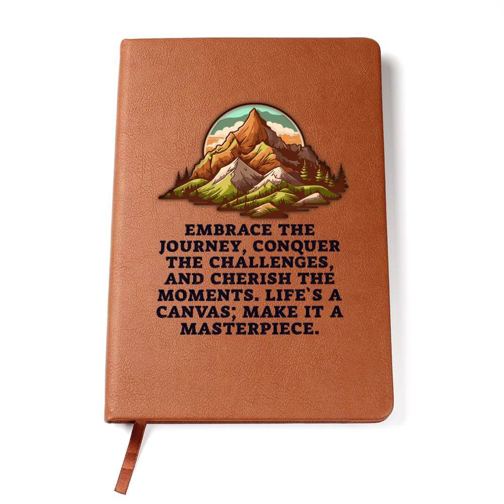 Embrace the journey - Graphic Leather JournalVenture beyond with the Graphic Leather Journal. Ideal for goal setting and organization, it features a bookmark and elastic closure.Moving Phrases