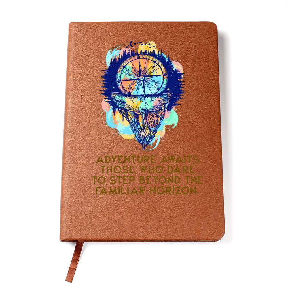 Adventure Awaits - Graphic Leather JournalVenture beyond with the Graphic Leather Journal. Ideal for goal setting and organization, it features a bookmark and elastic closure.Moving Phrases