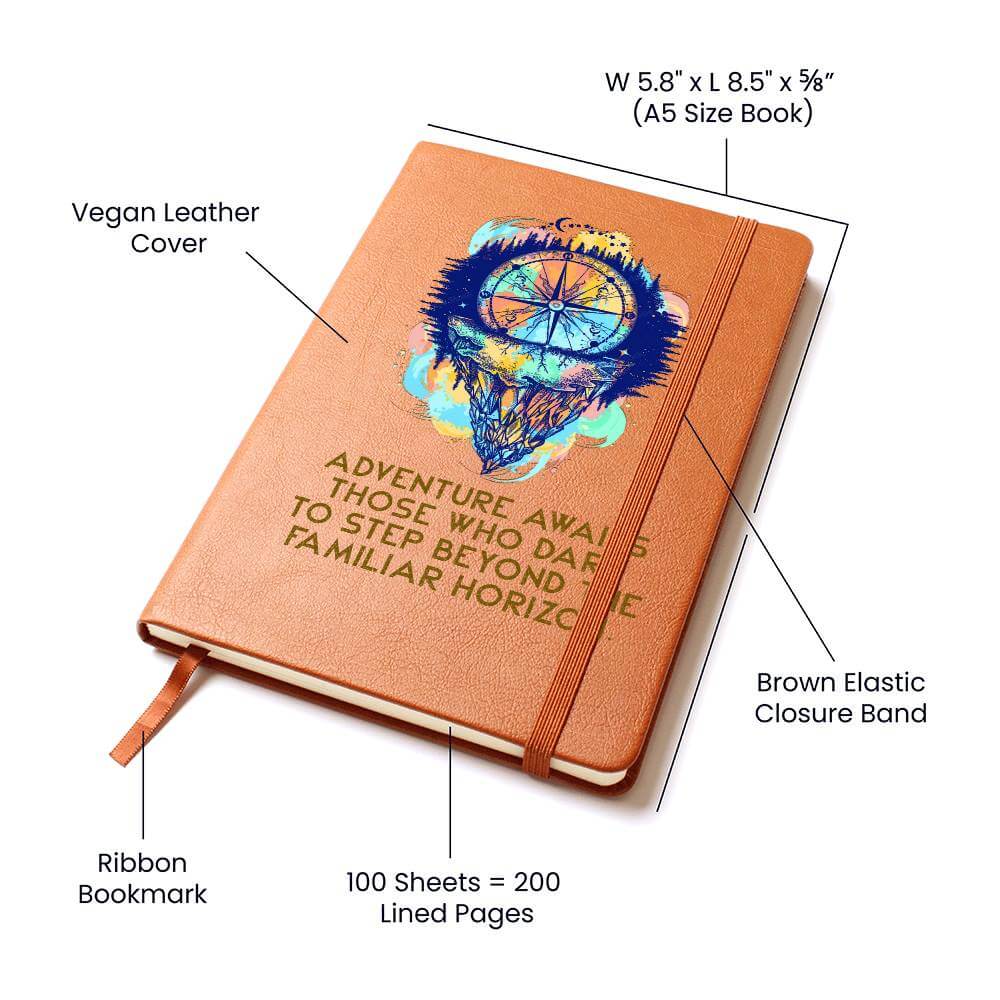 Adventure Awaits - Graphic Leather JournalVenture beyond with the Graphic Leather Journal. Ideal for goal setting and organization, it features a bookmark and elastic closure.Moving Phrases