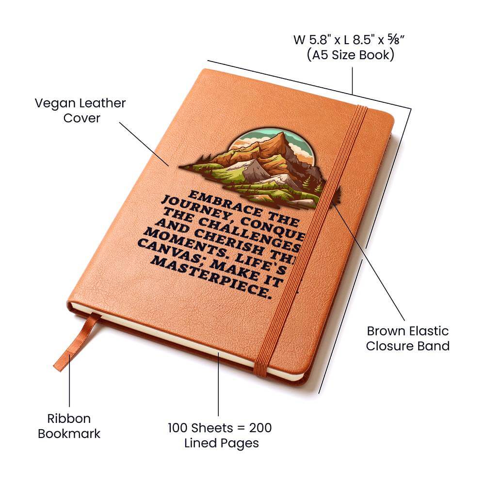 Embrace the journey - Graphic Leather JournalVenture beyond with the Graphic Leather Journal. Ideal for goal setting and organization, it features a bookmark and elastic closure.Moving Phrases