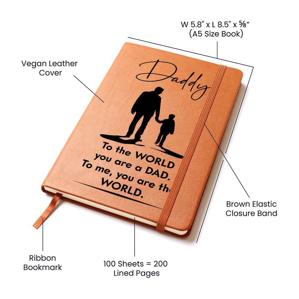 Daddy, to the World you are a Dad - Graphic Leather JournalVenture beyond with the Graphic Leather Journal. Ideal for goal setting and organization, it features a bookmark and elastic closure.Moving Phrases