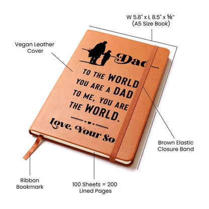 Dad, to the World you are - Graphic Leather JournalVenture beyond with the Graphic Leather Journal. Ideal for goal setting and organization, it features a bookmark and elastic closure.Moving Phrases