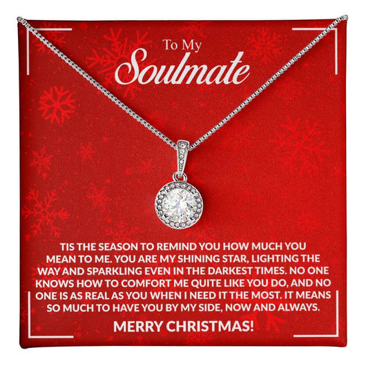 Necklace with message card for soulmate, featuring a heartfelt Christmas message on a red background with snowflakes.