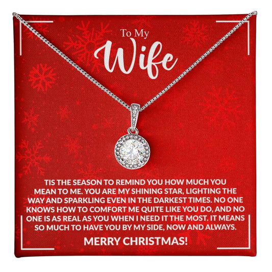 "To My Wife Merry Christmas message card with necklace gift, romantic holiday present for wife with heartfelt message and pendant"