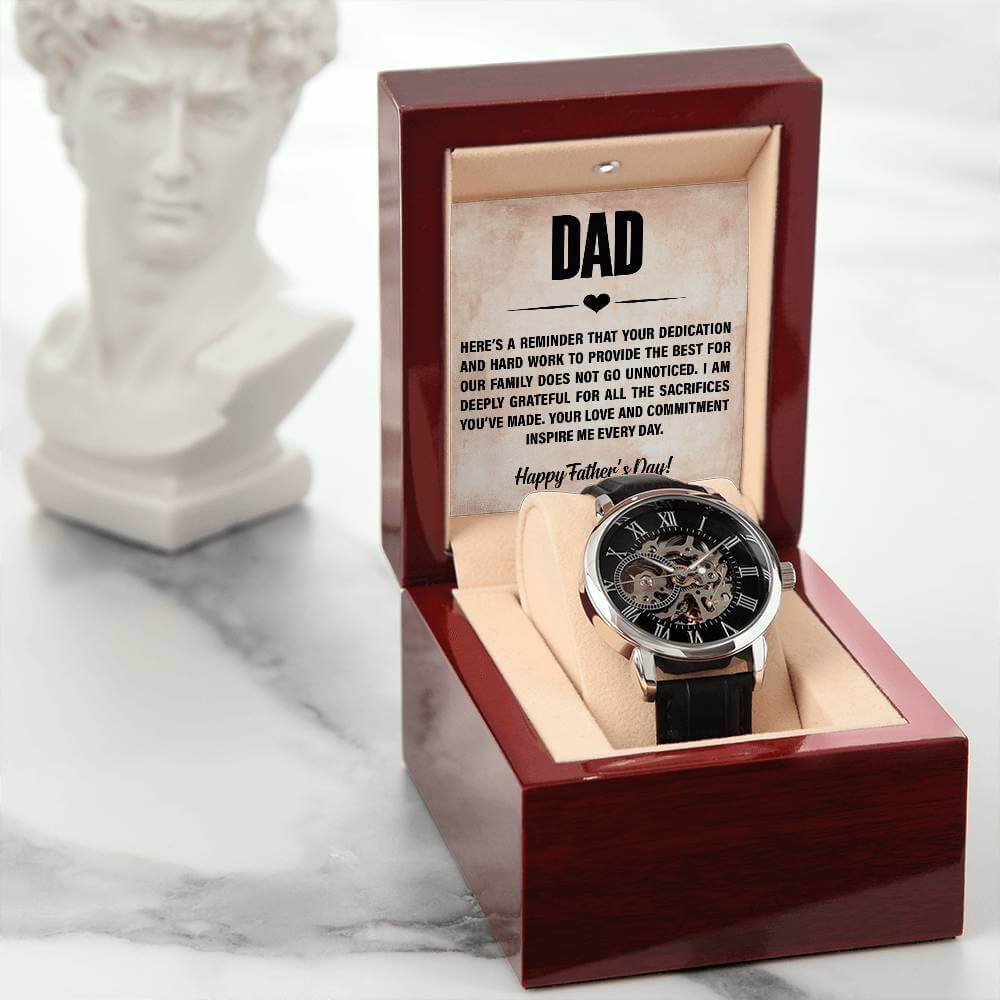 Dad, Here's a Reminder - Openwork WatchThis message card says: Dad, Here's a reminder that your dedication and hard work to provide the best for our family does not go unnoticed. I am deeply grateful for all the sacrificies you've made. Your love and comm