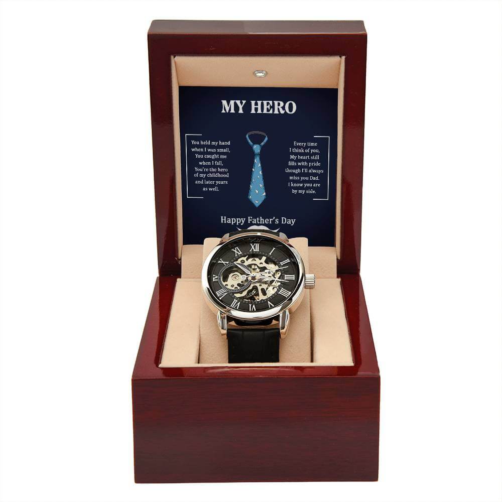 My Hero, You held my Hand when I was smalld - Openwork WatchGift your dad our Openwork Watch this Father's Day - a blend of classic and modern design, built to last. A testament to timeless elegance.Moving Phrases