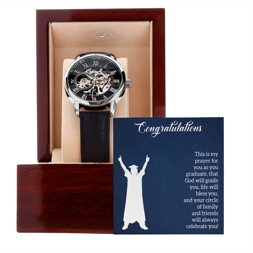 To My Son, Congratulations - Openwork WatchThe Men's Openwork Watch combines classic and modern elements, featuring a leather strap, splash-resistance, and automatic movement.Moving Phrases