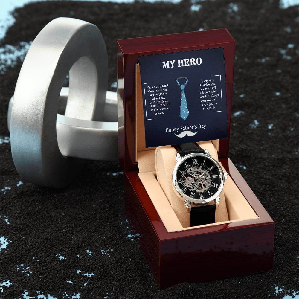 My Hero, You held my Hand when I was smalld - Openwork WatchGift your dad our Openwork Watch this Father's Day - a blend of classic and modern design, built to last. A testament to timeless elegance.Moving Phrases