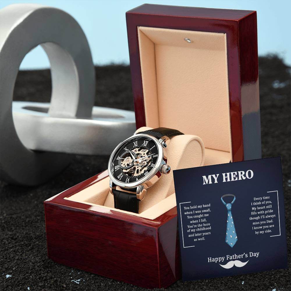 My Hero, You held my Hand when I was smalld - Openwork WatchGift your dad our Openwork Watch this Father's Day - a blend of classic and modern design, built to last. A testament to timeless elegance.Moving Phrases