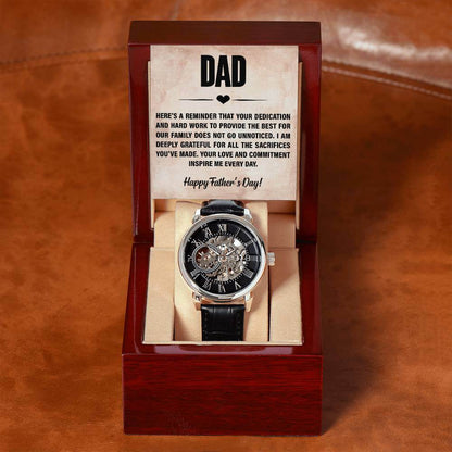 Dad, Here's a Reminder - Openwork WatchThis message card says: Dad, Here's a reminder that your dedication and hard work to provide the best for our family does not go unnoticed. I am deeply grateful for all the sacrificies you've made. Your love and comm