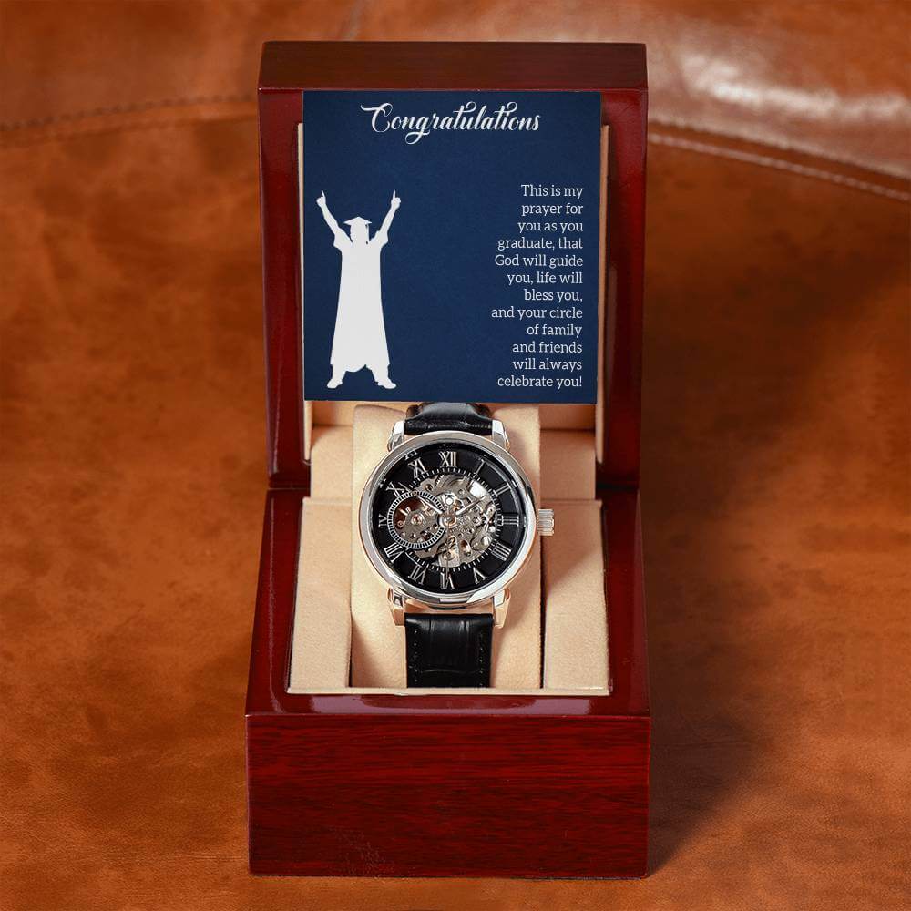 To My Son, Congratulations - Openwork WatchThe Men's Openwork Watch combines classic and modern elements, featuring a leather strap, splash-resistance, and automatic movement.Moving Phrases