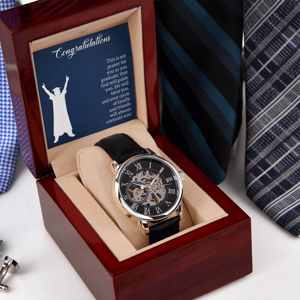 To My Son, Congratulations - Openwork WatchThe Men's Openwork Watch combines classic and modern elements, featuring a leather strap, splash-resistance, and automatic movement.Moving Phrases