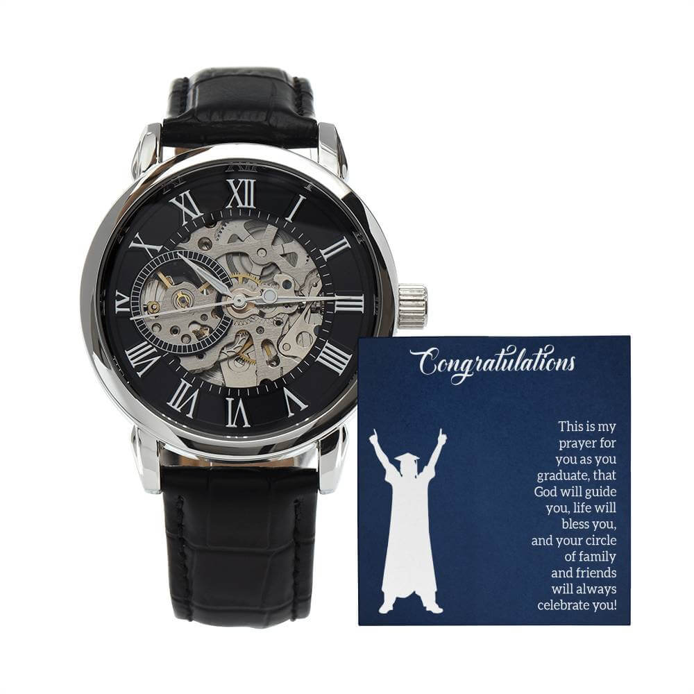 To My Son, Congratulations - Openwork WatchThe Men's Openwork Watch combines classic and modern elements, featuring a leather strap, splash-resistance, and automatic movement.Moving Phrases