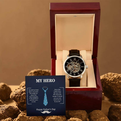 My Hero, You held my Hand when I was smalld - Openwork WatchGift your dad our Openwork Watch this Father's Day - a blend of classic and modern design, built to last. A testament to timeless elegance.Moving Phrases