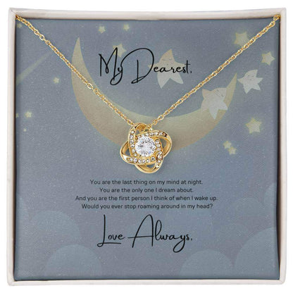 Love Knot Necklace: Symbolize Your Eternal BondExpress undying love with the Love Knot Necklace. A dreamy gift with a heartfelt message and sparkling cubic zirconia for your dearest.Moving Phrases