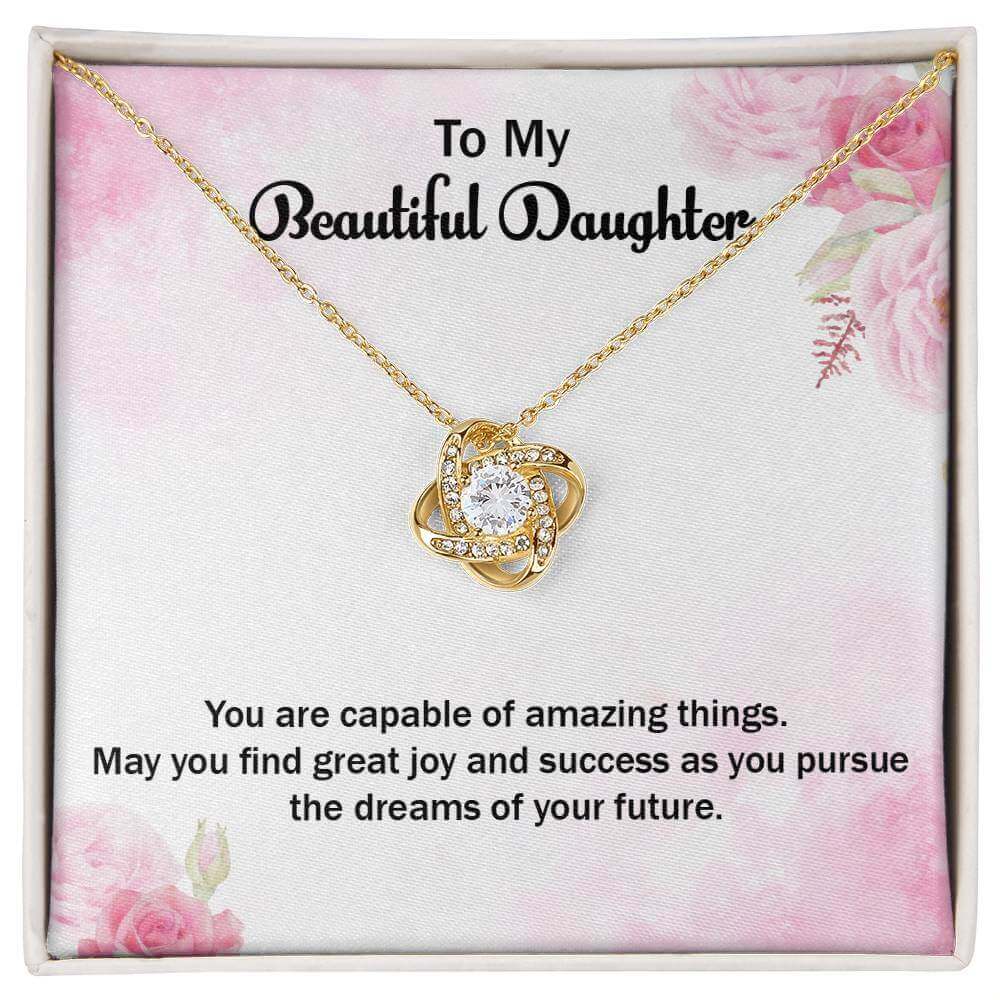 Love Knot Necklace - Perfect Gift for Your DaughterSurprise her with a Love Knot Necklace, a symbol of love & success. Ideal for your amazing daughter. Shop now for a heartfelt gift!Moving Phrases