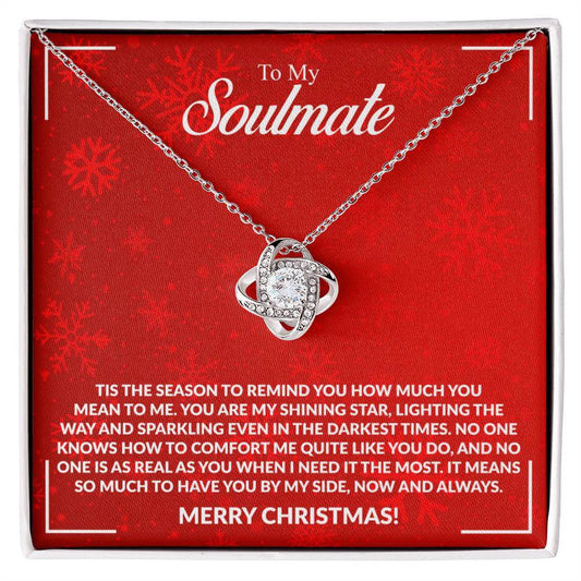 Elegant necklace with heartfelt message card saying "To My Soulmate" on a red background, perfect Christmas gift for her.