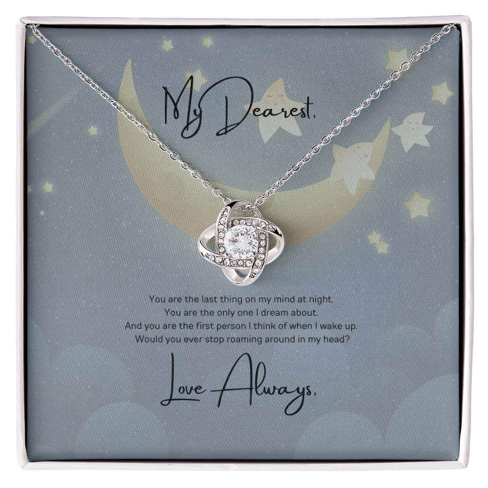 Love Knot Necklace: Symbolize Your Eternal BondExpress undying love with the Love Knot Necklace. A dreamy gift with a heartfelt message and sparkling cubic zirconia for your dearest.Moving Phrases