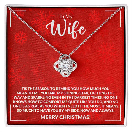 Elegant necklace on message card for wife, featuring heartfelt Christmas message about love and appreciation.