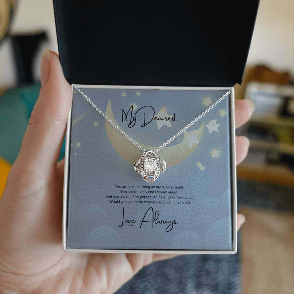 Love Knot Necklace: Symbolize Your Eternal BondExpress undying love with the Love Knot Necklace. A dreamy gift with a heartfelt message and sparkling cubic zirconia for your dearest.Moving Phrases