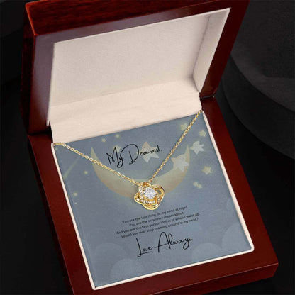 Love Knot Necklace: Symbolize Your Eternal BondExpress undying love with the Love Knot Necklace. A dreamy gift with a heartfelt message and sparkling cubic zirconia for your dearest.Moving Phrases