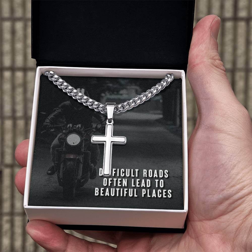 To My Son, Difficult Roads - Artisan Cross CubanProudly wear the Cuban Chain with Artisan Cross Necklace, a perfect gift for special occasions or daily use.Moving Phrases