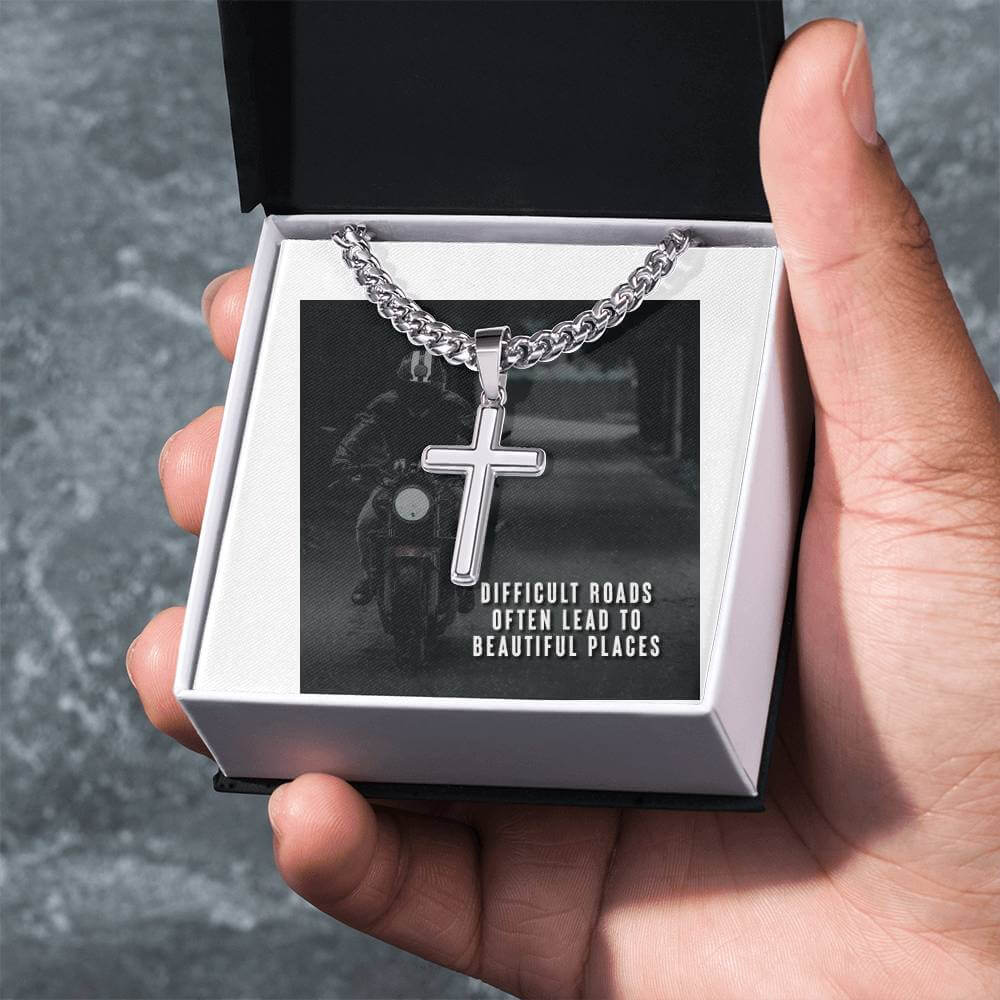 To My Son, Difficult Roads - Artisan Cross CubanProudly wear the Cuban Chain with Artisan Cross Necklace, a perfect gift for special occasions or daily use.Moving Phrases