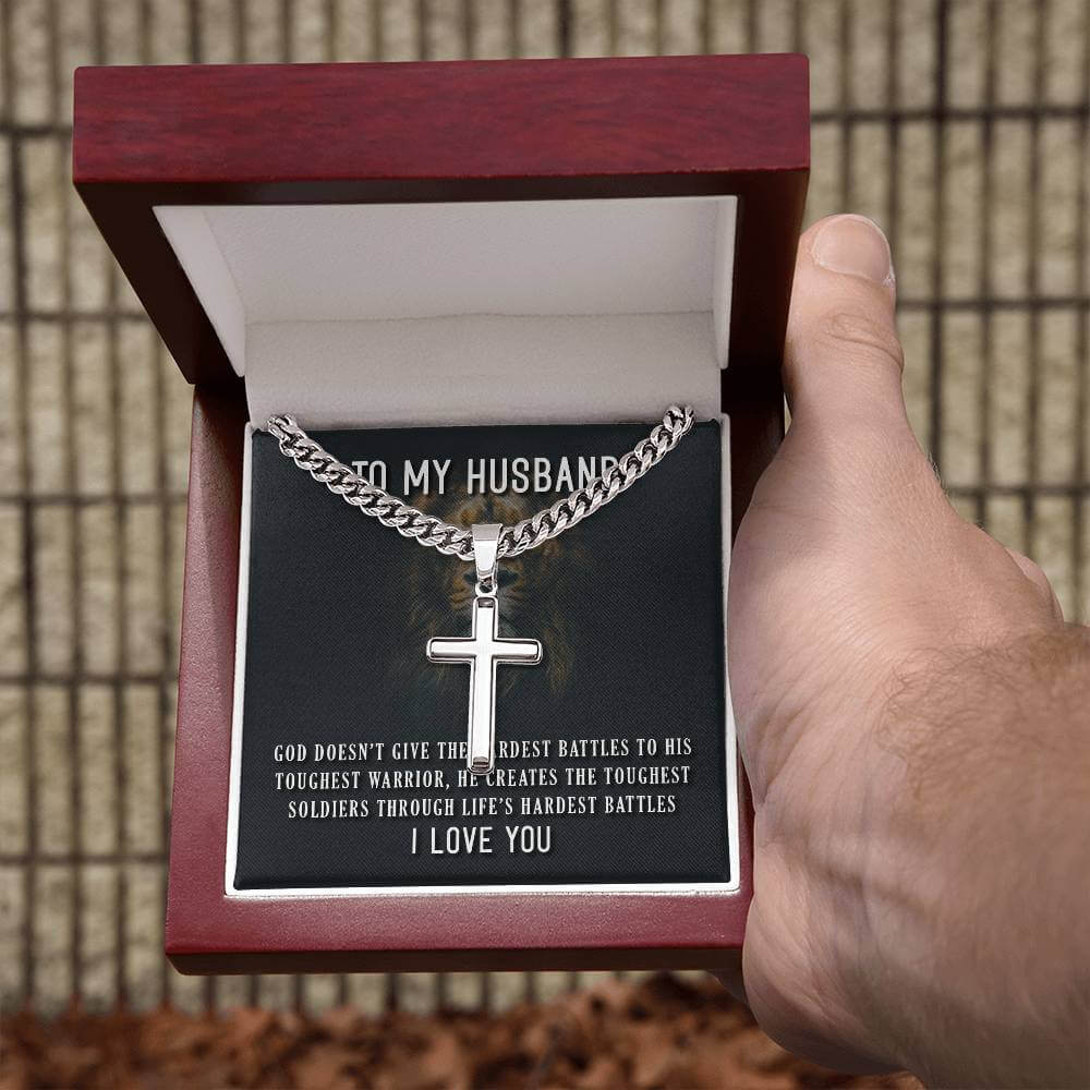 To My Husband, God doesn't give - Artisan Cross CubanProudly wear the Cuban Chain with Artisan Cross Necklace, a perfect gift for special occasions or daily use.Moving Phrases