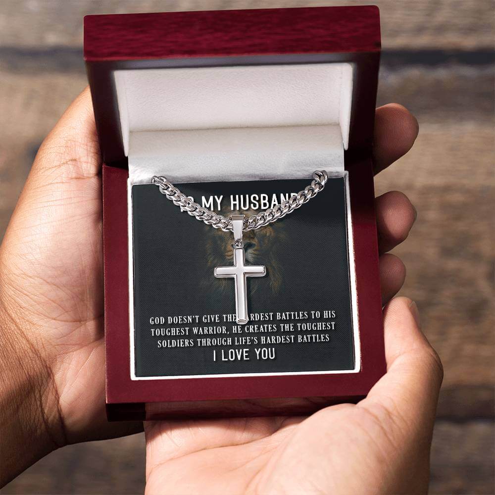 To My Husband, God doesn't give - Artisan Cross CubanProudly wear the Cuban Chain with Artisan Cross Necklace, a perfect gift for special occasions or daily use.Moving Phrases