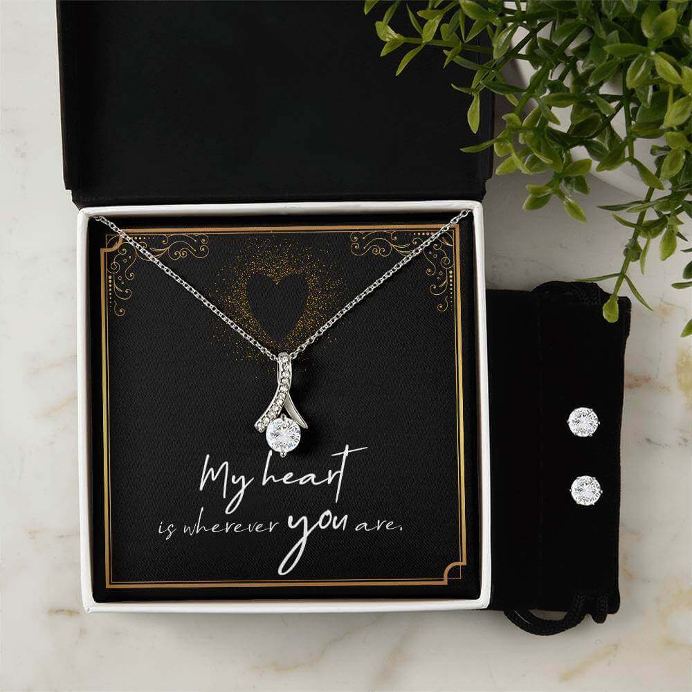 My Heart is wherever you are - Alluring Beauty Jewelry SetThis message card says: My Heart is wherever you are. Imagine her reaction when your loved one opens this stunning gift! The Alluring Beauty Necklace and Cubic Zirconia Earring Set is a sweet treat