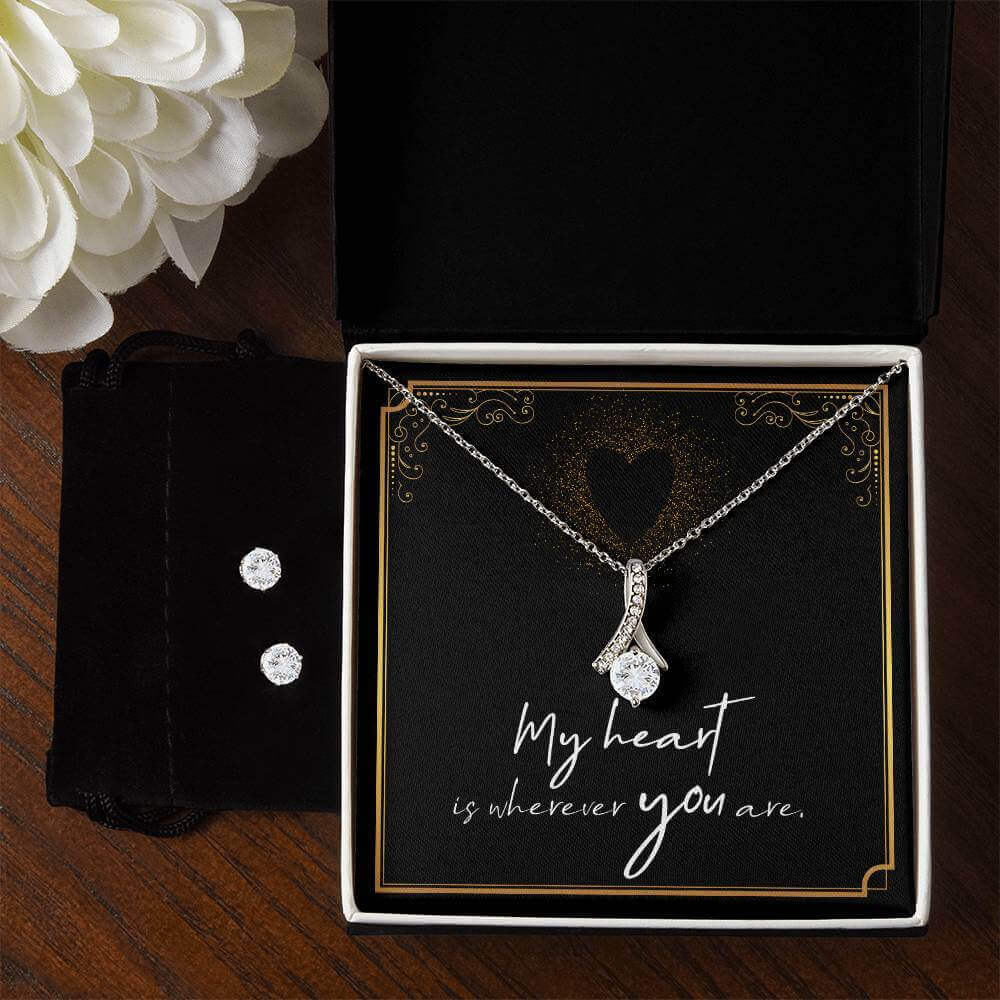 My Heart is wherever you are - Alluring Beauty Jewelry SetThis message card says: My Heart is wherever you are. Imagine her reaction when your loved one opens this stunning gift! The Alluring Beauty Necklace and Cubic Zirconia Earring Set is a sweet treat