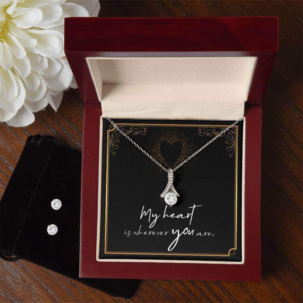 My Heart is wherever you are - Alluring Beauty Jewelry SetThis message card says: My Heart is wherever you are. Imagine her reaction when your loved one opens this stunning gift! The Alluring Beauty Necklace and Cubic Zirconia Earring Set is a sweet treat