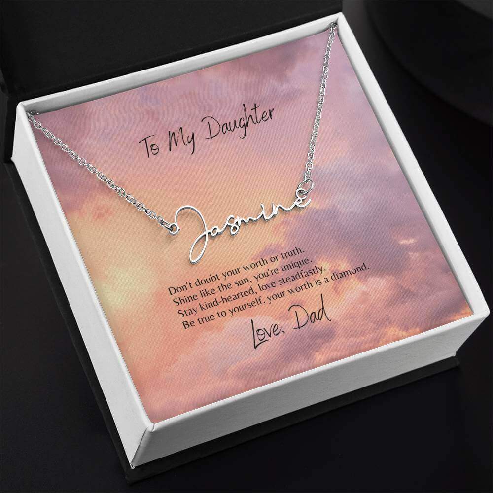 Daughter's Signature Name Necklace – Unique & PersonalGift love with a personal touch! This Signature Name Necklace inspires with a heartfelt message, perfect for your daughter's unique shine.Moving Phrases