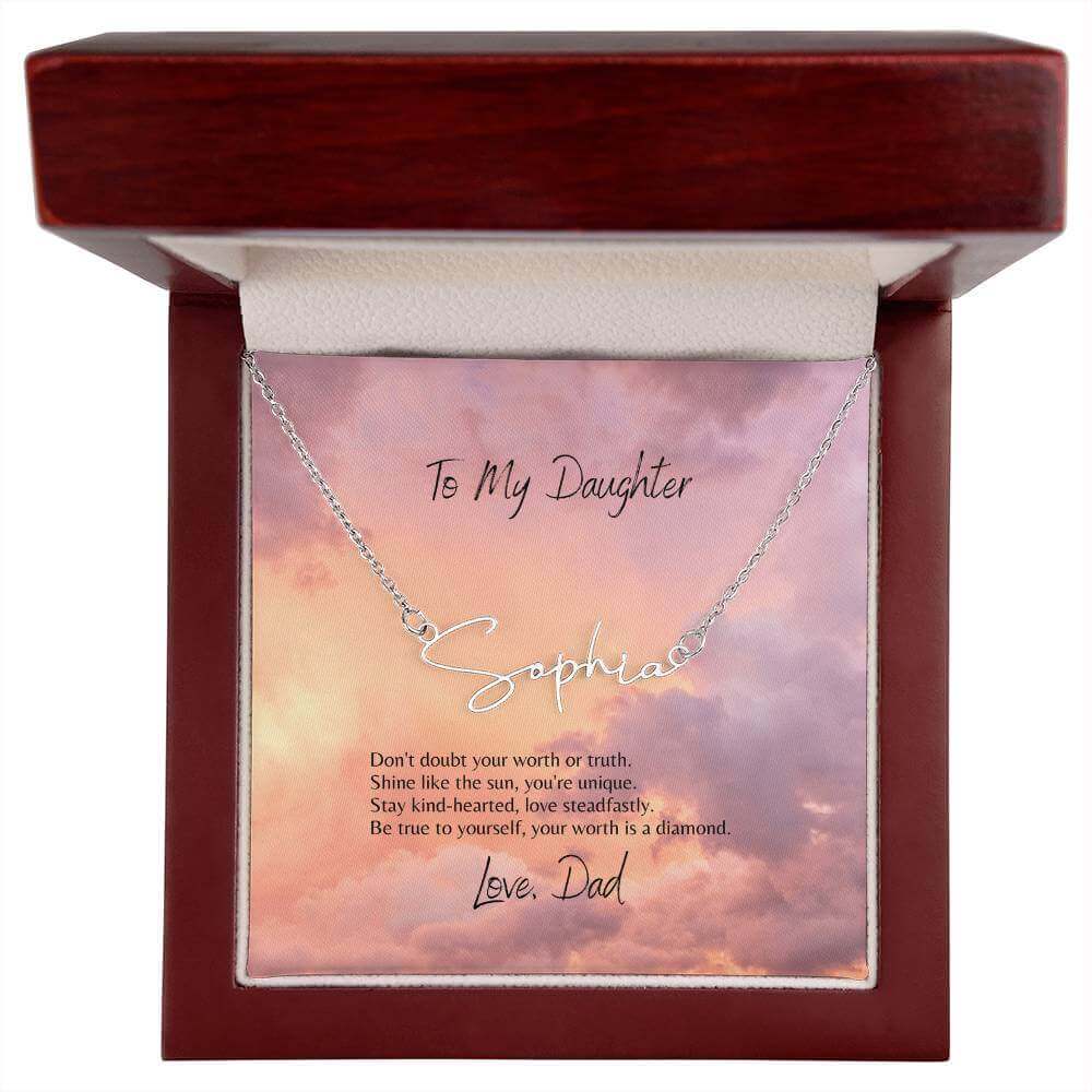 Daughter's Signature Name Necklace – Unique & PersonalGift love with a personal touch! This Signature Name Necklace inspires with a heartfelt message, perfect for your daughter's unique shine.Moving Phrases