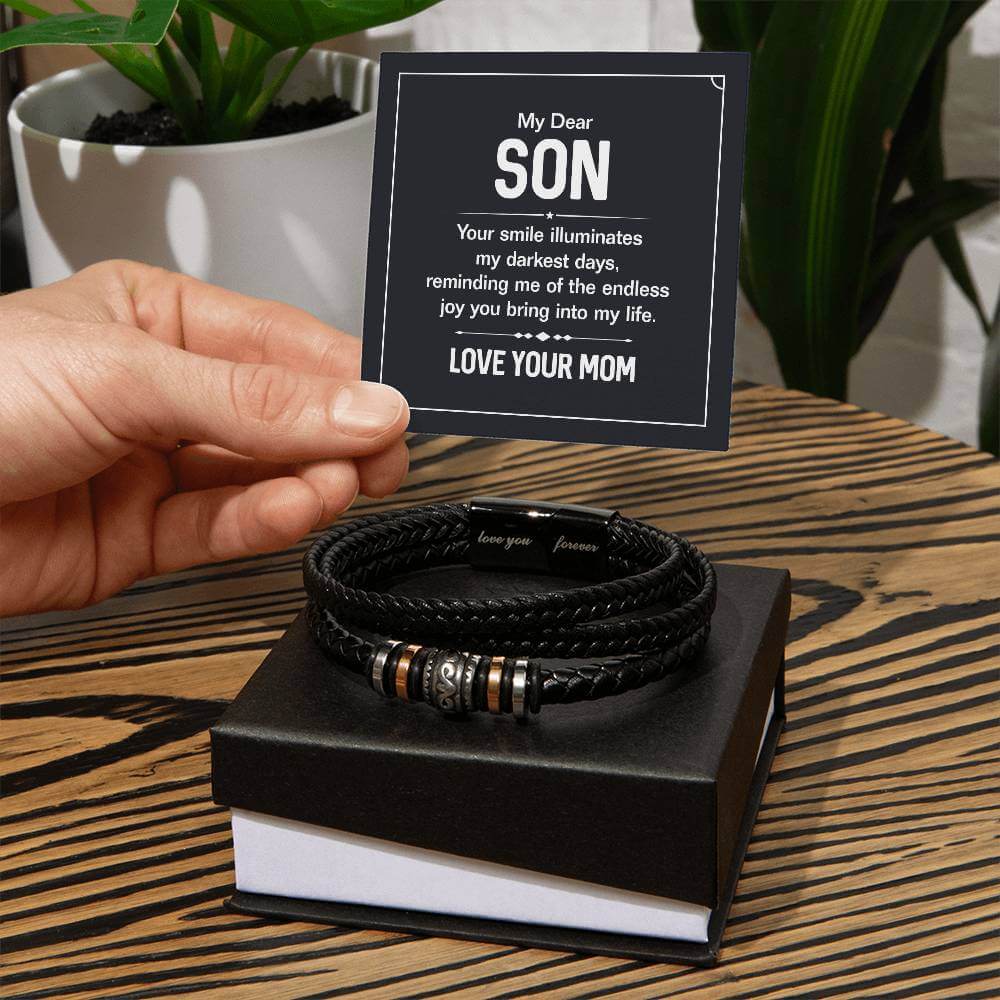 My Son, Your Smile Illuminates - Love You Forever BraceletThe Men's "Love You Forever" Bracelet, engraved with a heartfelt message, is a perfect gift for the special man in your life. A perfect gift to your son.BraceletsMoving Phrases